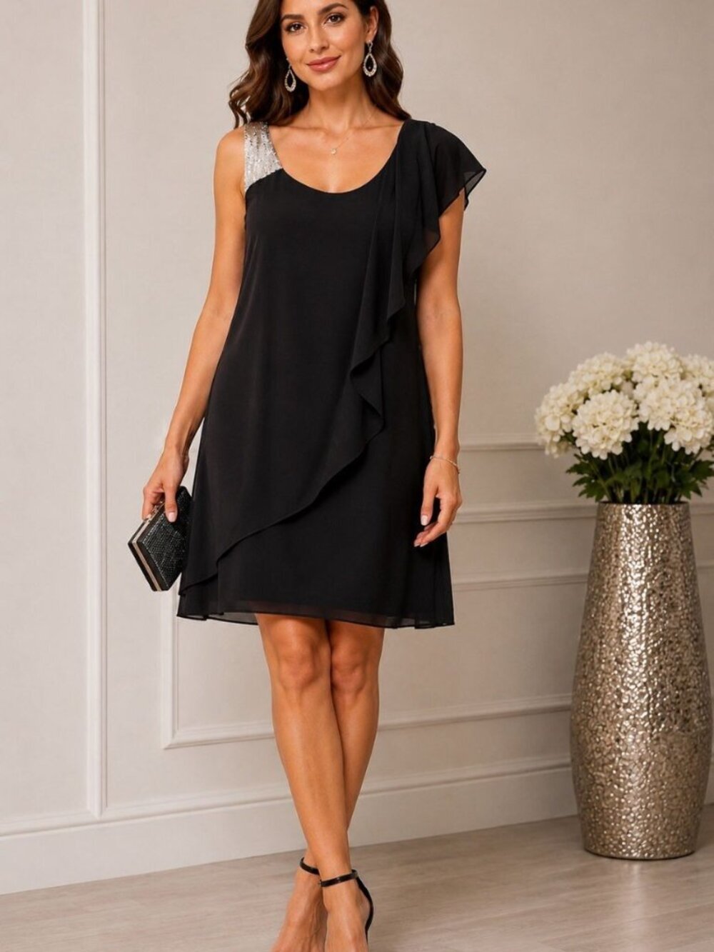 NWT Semi Formal Black Cocktail Dress Women 10 Silver Sequin Shoulder Party Mod